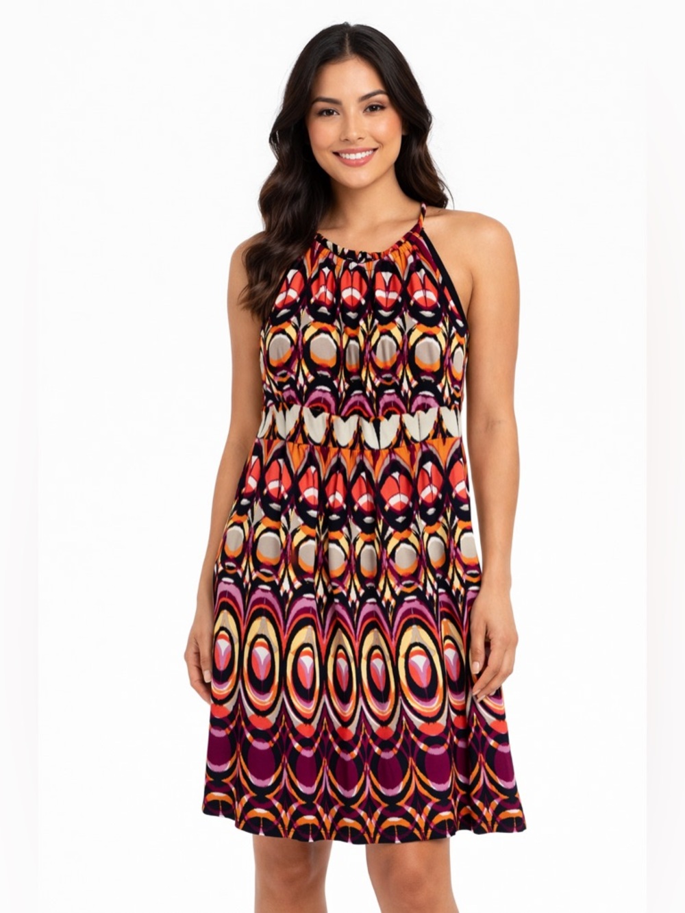 Enfocus Studio Halter Dress in Black, Orange & Pink Abstract Print